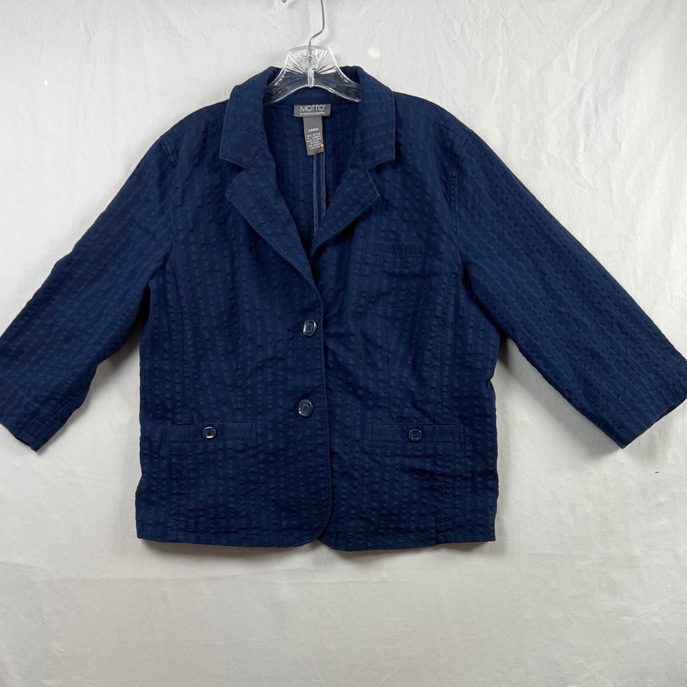 Motto Your Mantra Blazer Women L Navy Blue 3/4 Sleeve Cotton Blend Seersucker